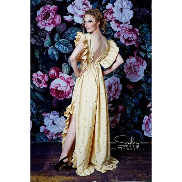 Women's Gold Hand Beaded Vintage Victorian Boho Style Ruffle Maxi Dress New - Picture 7 of 10